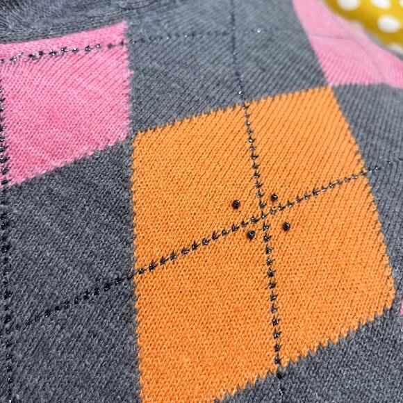 NY & Co Argyle Cardigan Gray Pink Orange Preppy Button Up Sweater Sz M - Picture 5 of 7